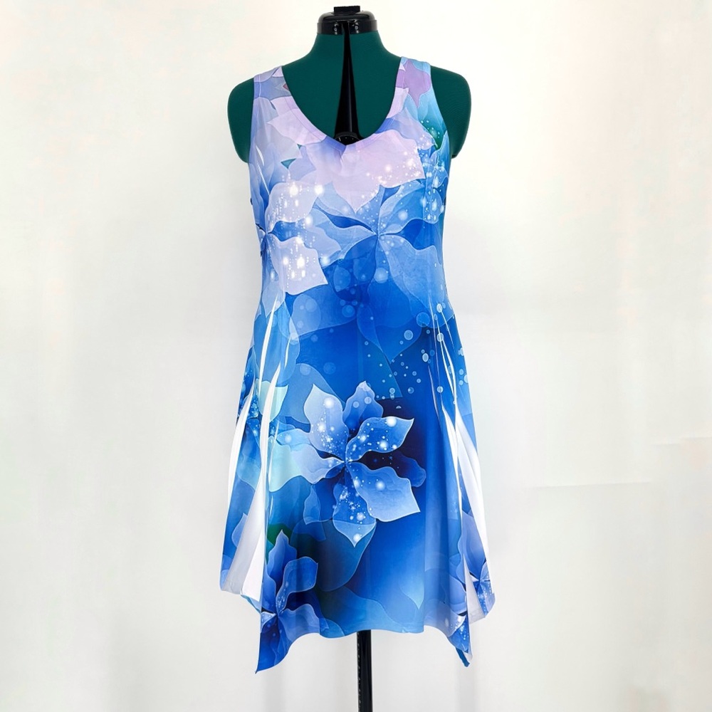 Simply Couture NWT Blue Floral Sublimation Sharkbite Hem Sleeveless Dress, XL